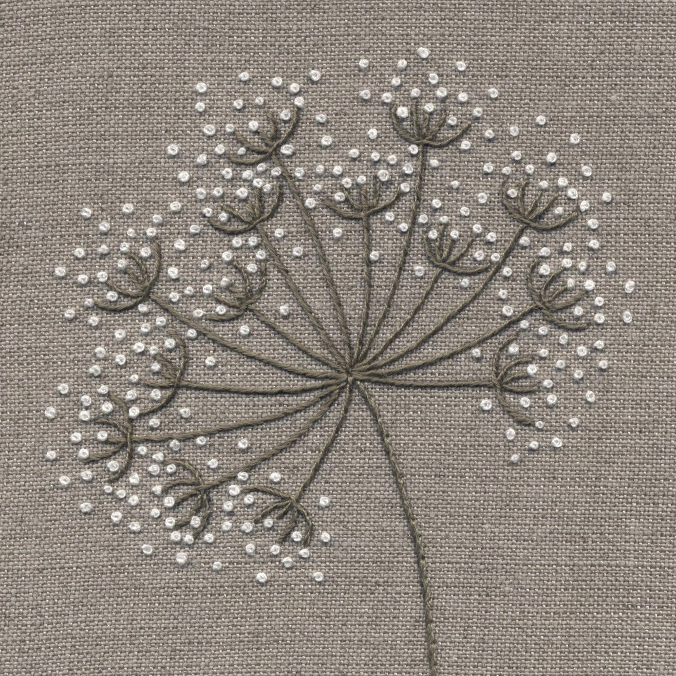 classic cow parsley seed head hand embroidery on linen