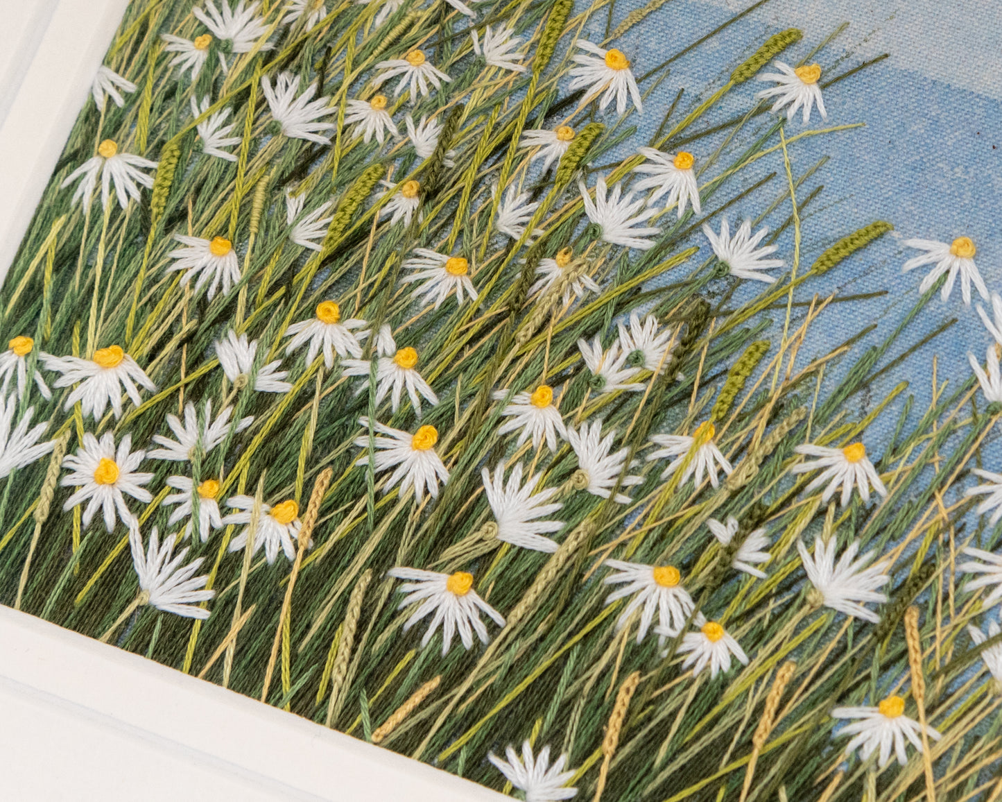 Embroidery of daisies in a coastal field.