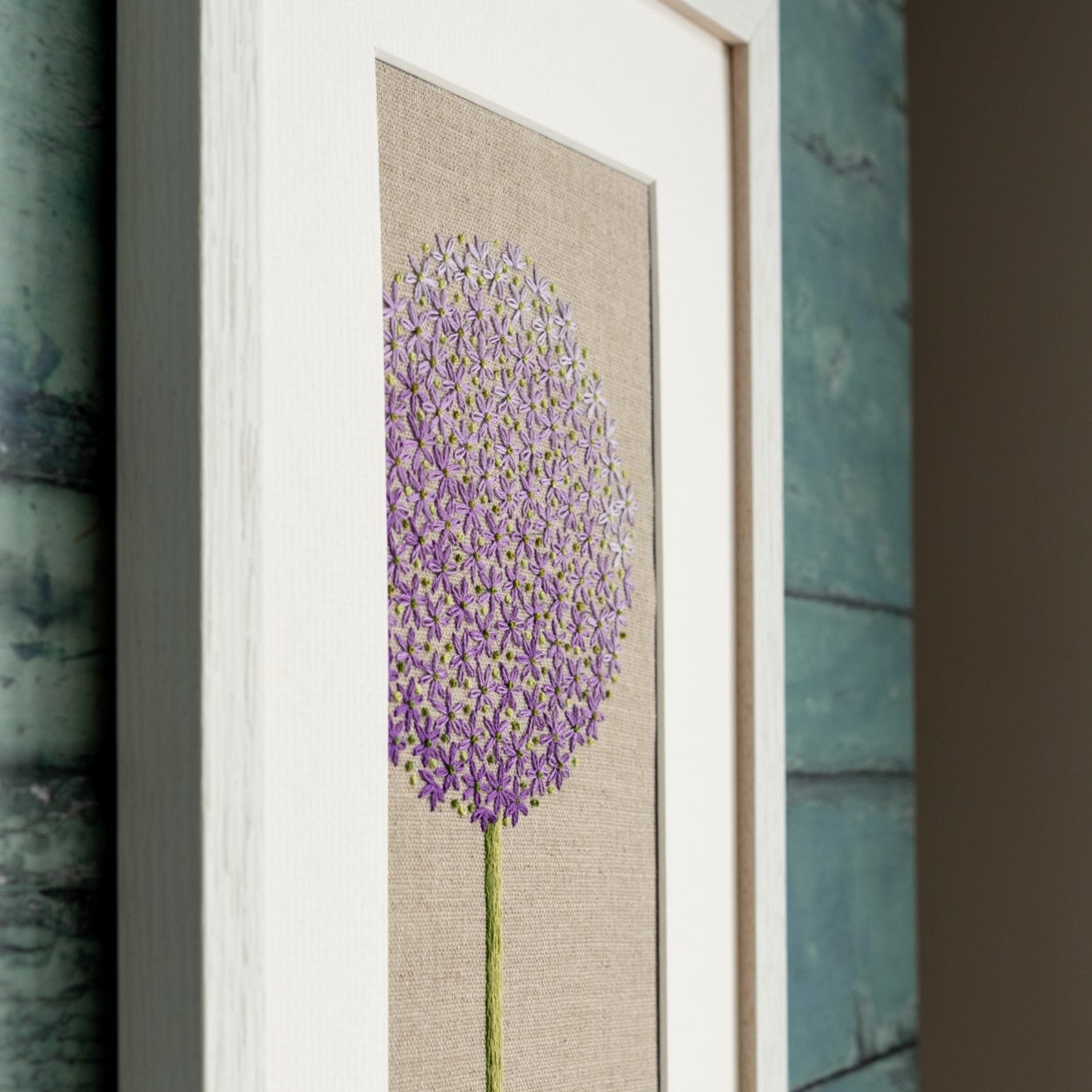 A close up view at an angle of the Allium Head hand embroidery kit by Jo Butcher.