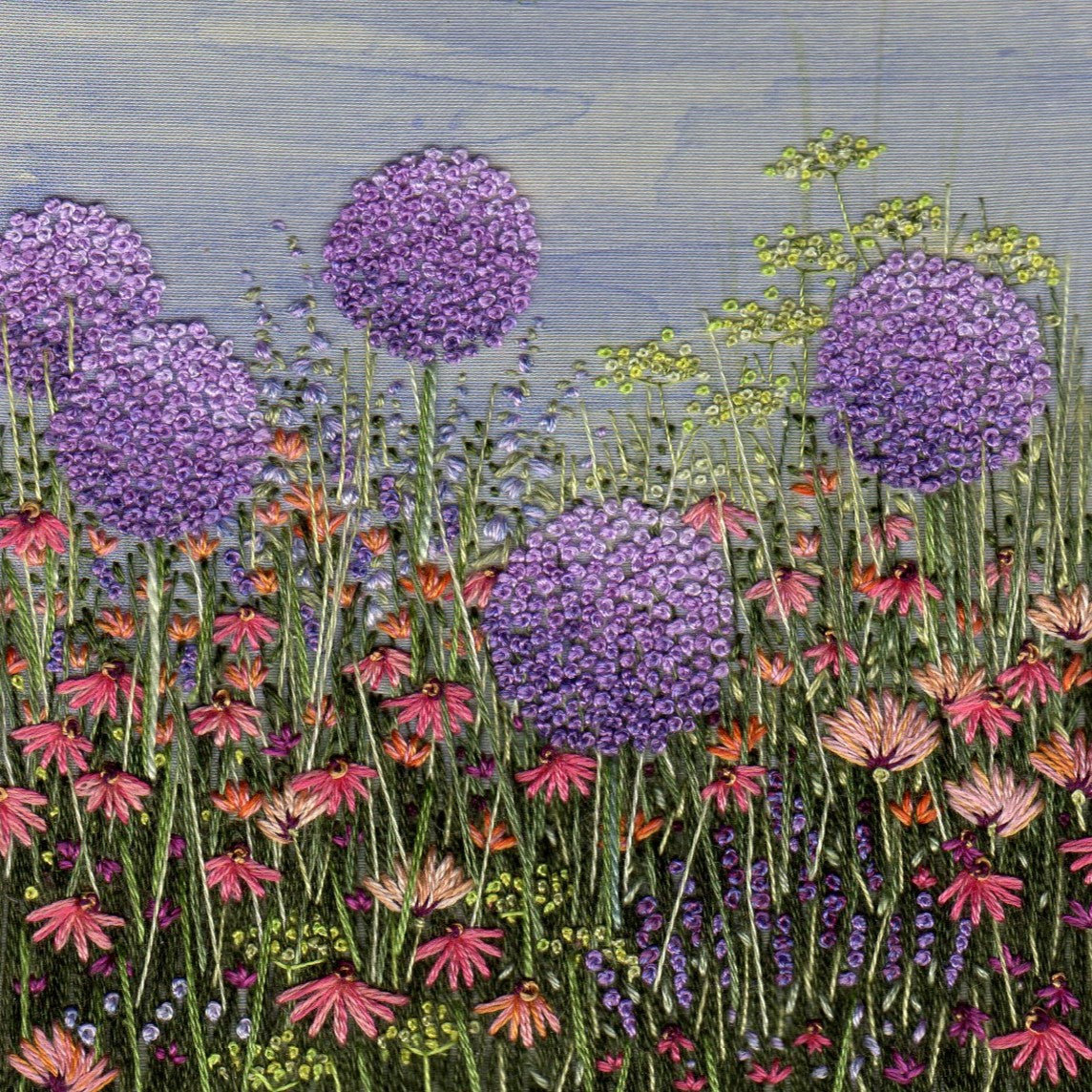 Five purple allium heads in a lush flowering meadow of other flowers ranging in colour and tecture.