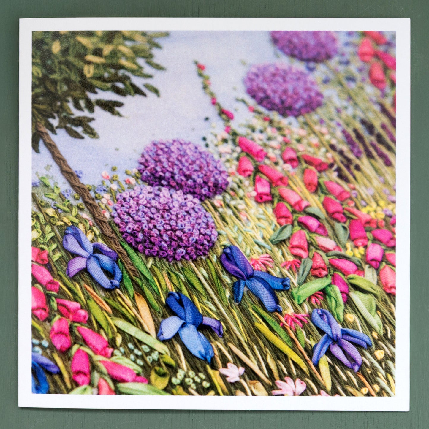 Embroidered border with Irises and Foxgloves stitched with hand dyed silk ribbons.