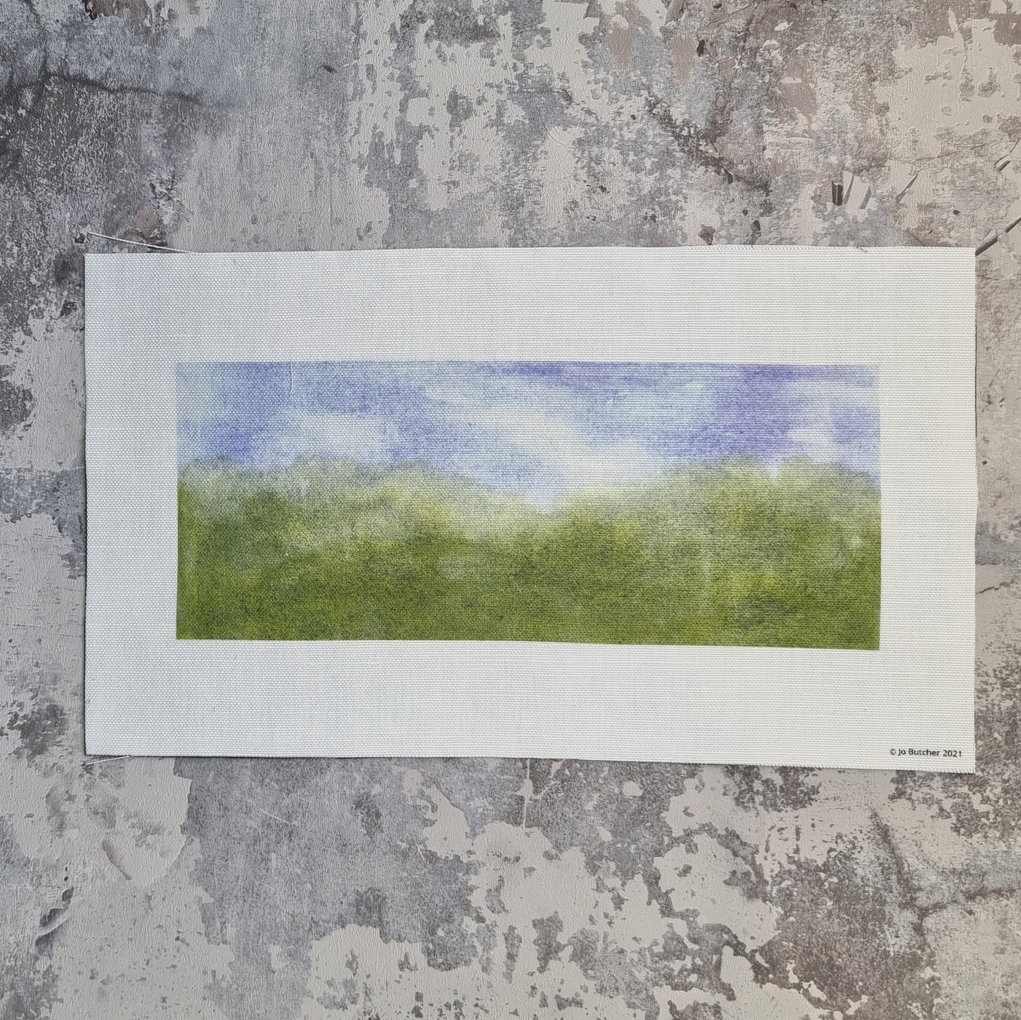 A rectangle of fabric with the top half printed as sky and the lower half green for grass and flowers to be  sewn over.