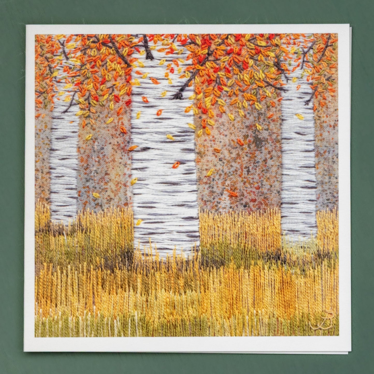 Three hand embroidered silver birch trunks are the main feature of this card. 
The lower birch leaves are full of autmn colours and the grasses below are yellowing.