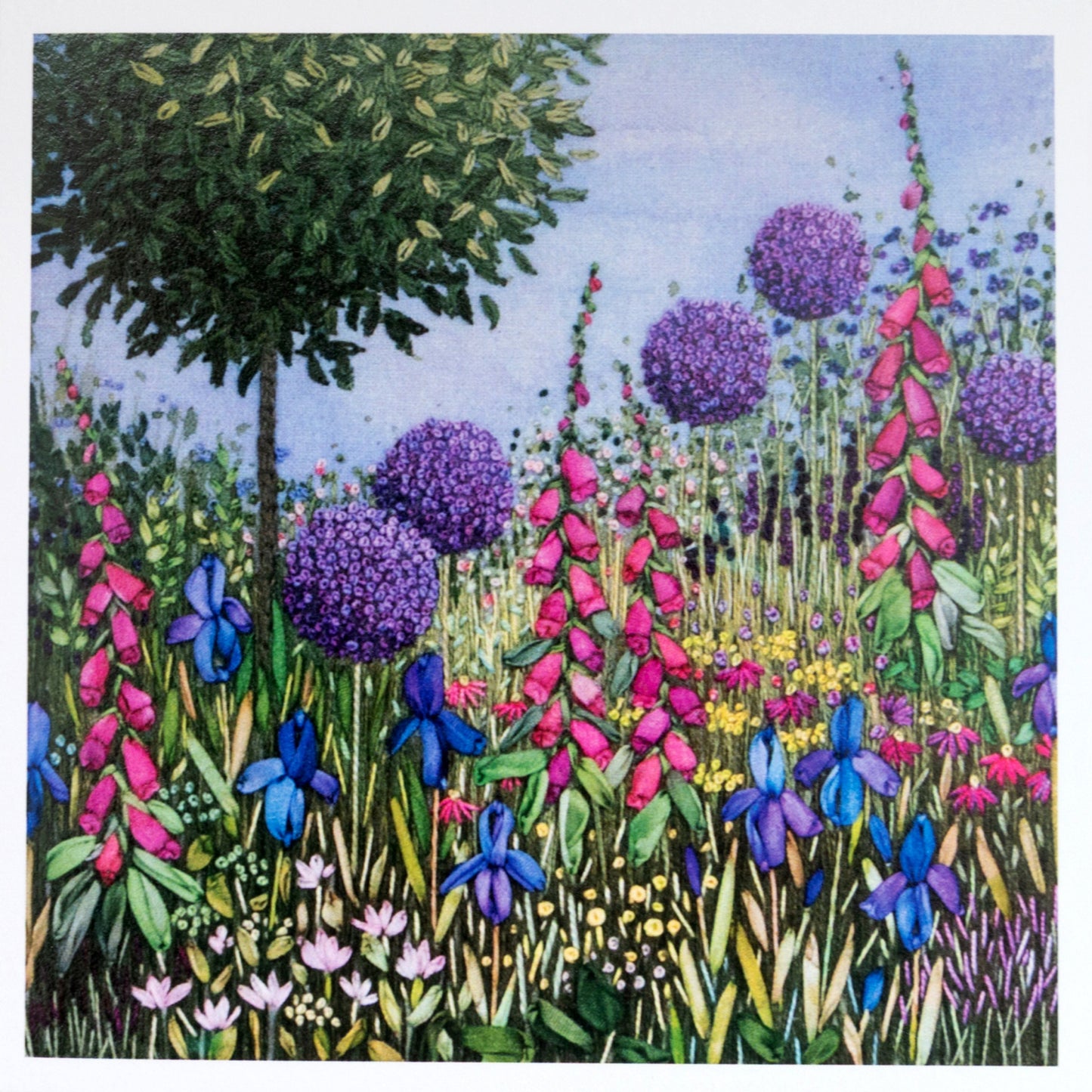 A square card full of colourful flowers in a border with a standard bay tree rising above