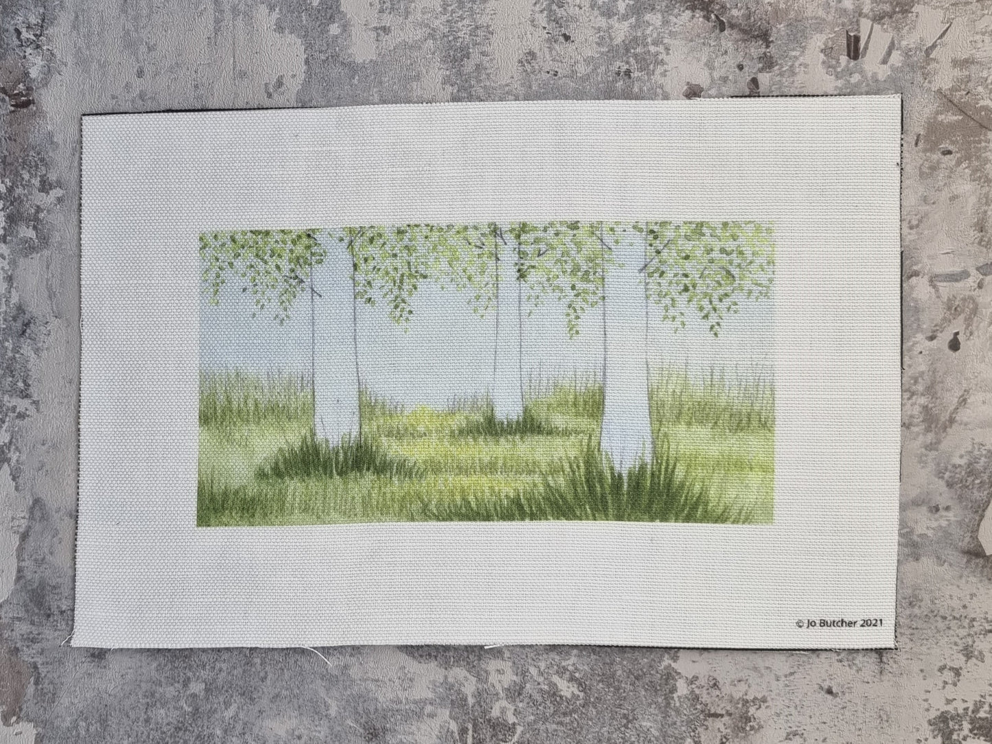 printed background for the bluebells under the birches project in Jo's book Where Meadows and Gardens Grow