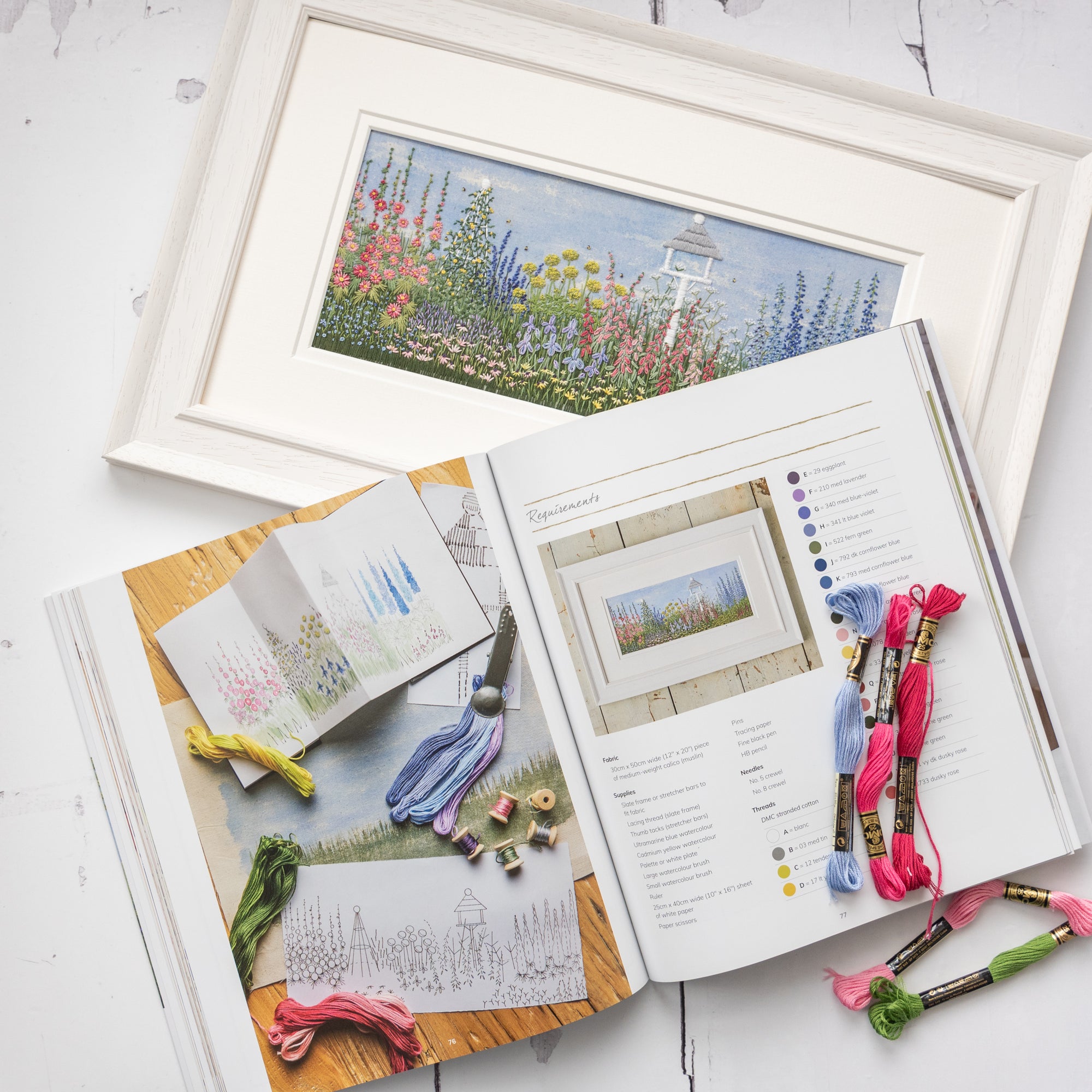 The original hand embroidered artwork of Long Cottage project sits with a few cotton skeins on top of Jo's book open at the right page