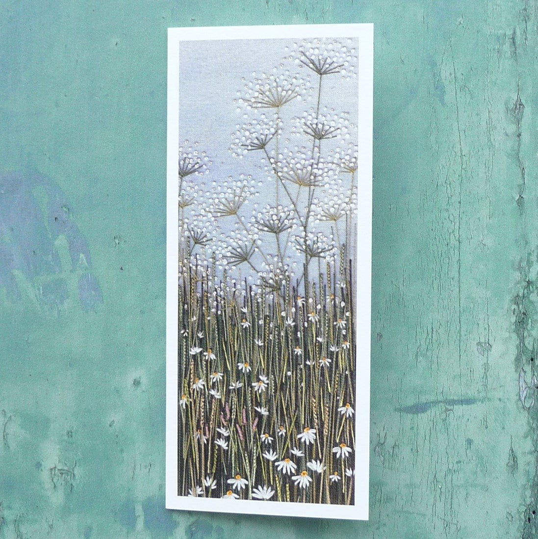 upright card of a rabbit's eye of daises in the grass with cow parsley.