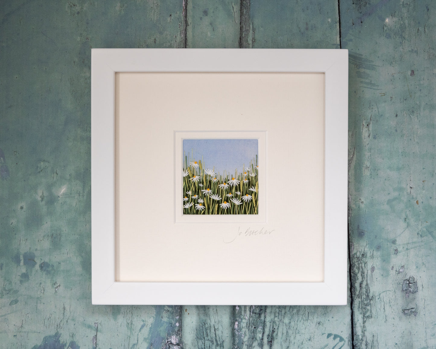 White framed artwork of white daisies flowering amongst the grasses