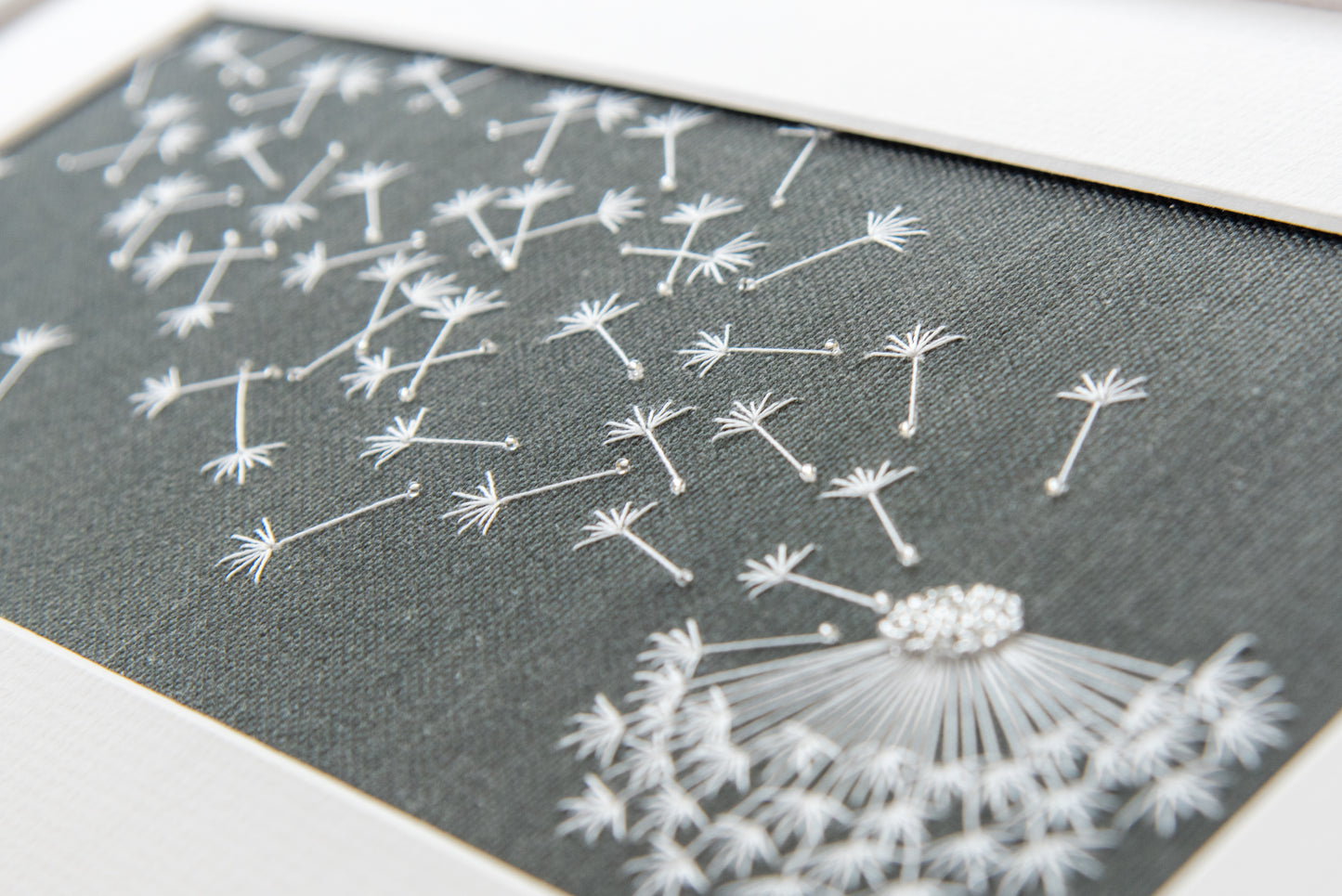 Close up of the caught in the wind kit showing the stitches and glass beads.