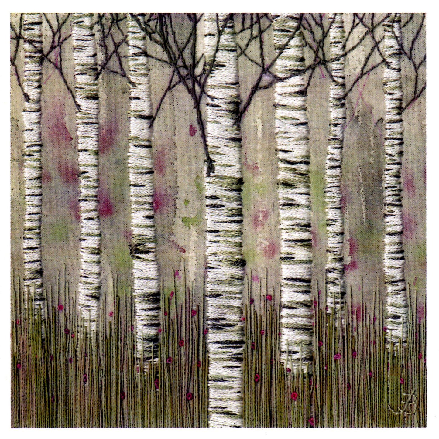 silver birch trees embroidered onto painted background