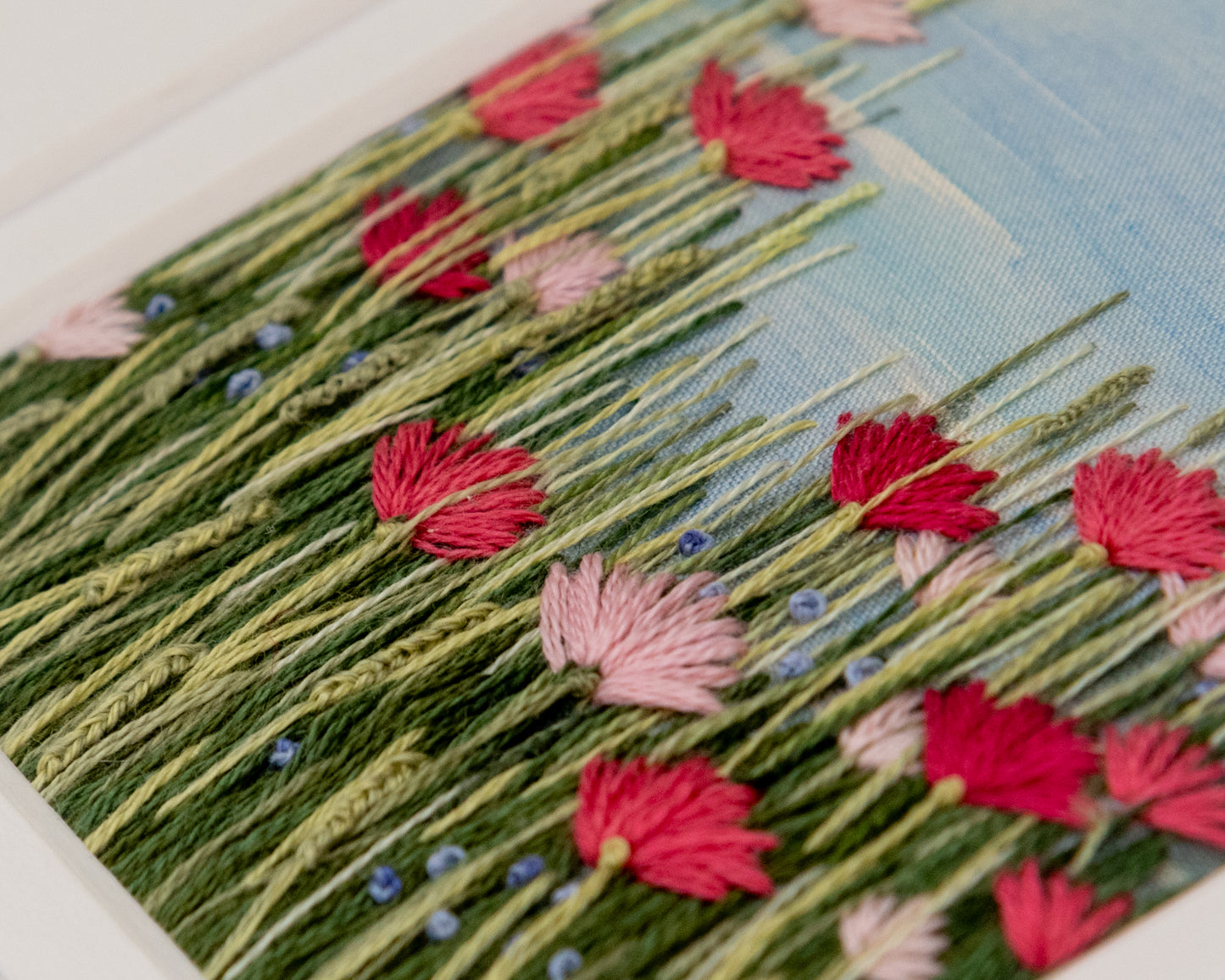 A magnified view of the stitch detail in this flowering meadow scene.