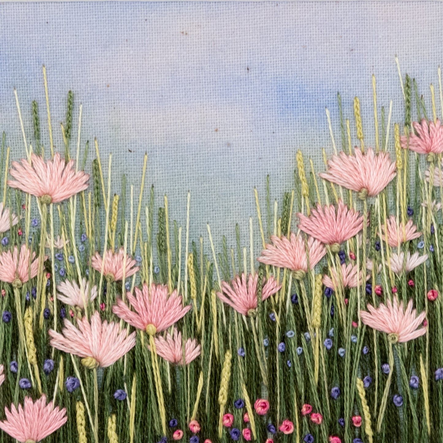 Pink flowers dominate this pretty grass meadow. Smaller purple, blue and pink flowers nestle among the grasses.