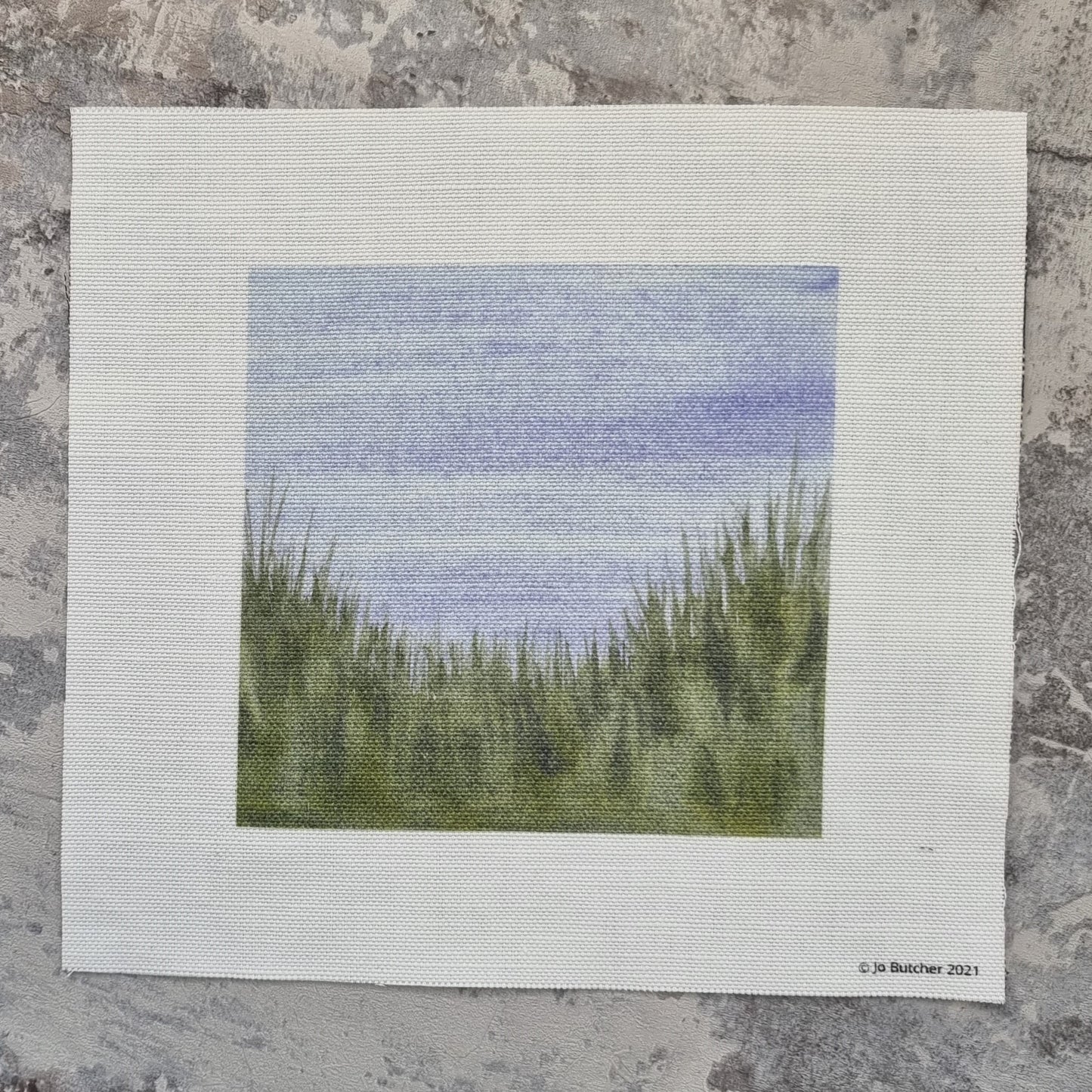 A square piece of cotton/linen with a printed sky above and grass below for sewing a meadow of flowers over.