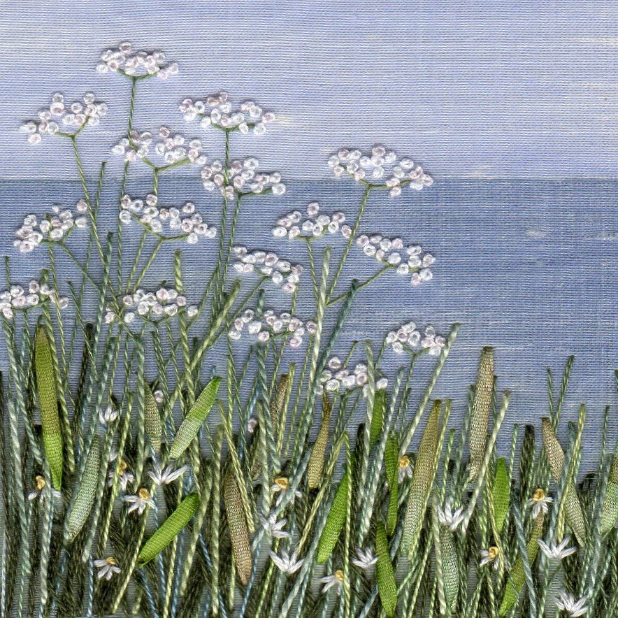 Painted background of the sky and horizon with a foreground display of grasses, cow parsley and daises