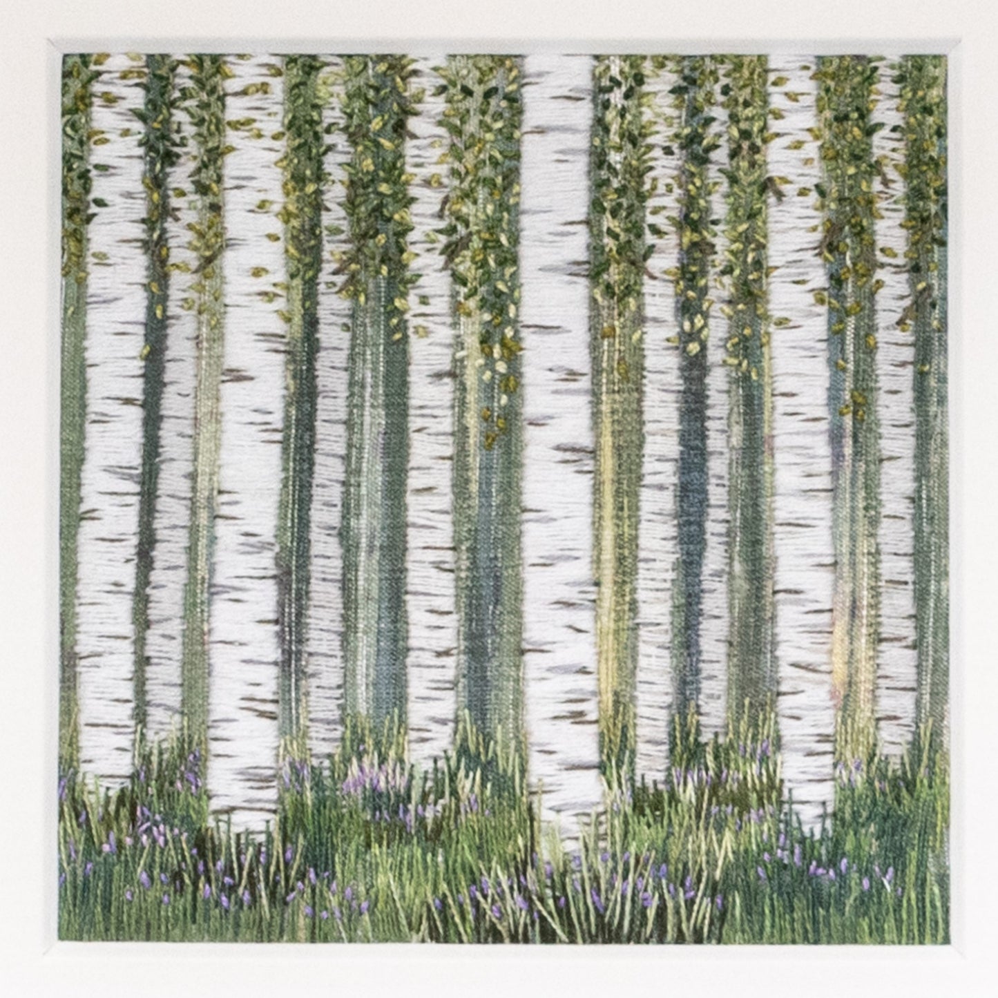 hand embroidered picture of a glade of silver birch trees with bluebells at the bottom