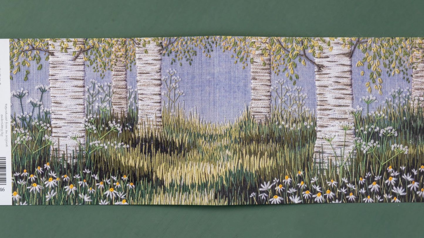 Opened up this card reveals a wider scene  of birches, grasses and daises.