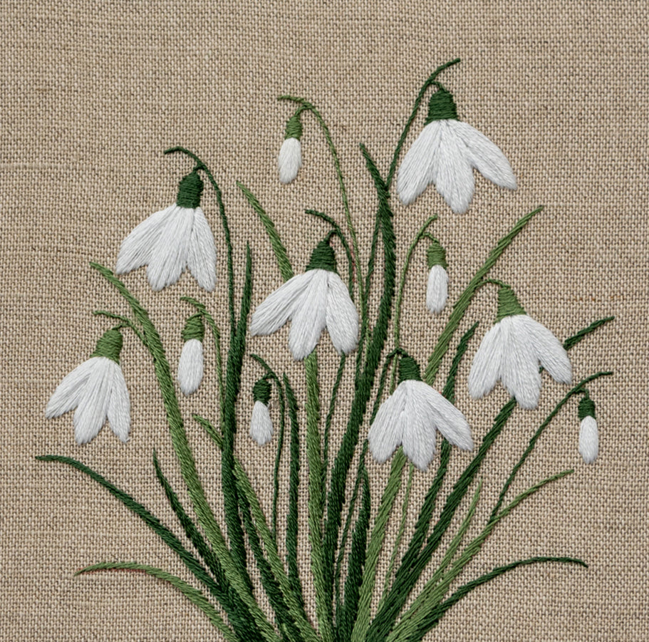 close up of a clump of hand embroidered snowdrops by Jo Butcher