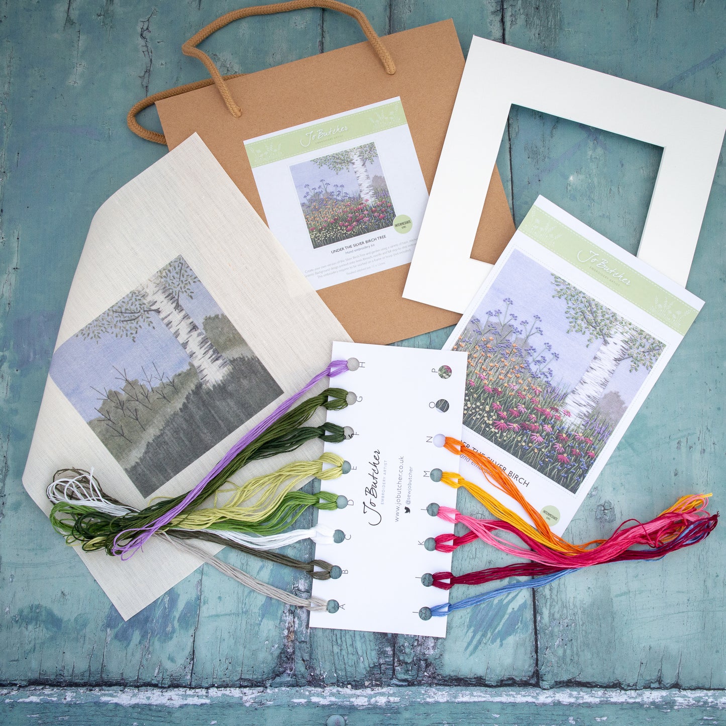 the contents of the under the silver birch tree kit showing the brown paper bag it comes in and printed back ground, step by step instructions, image, threads and white mount.