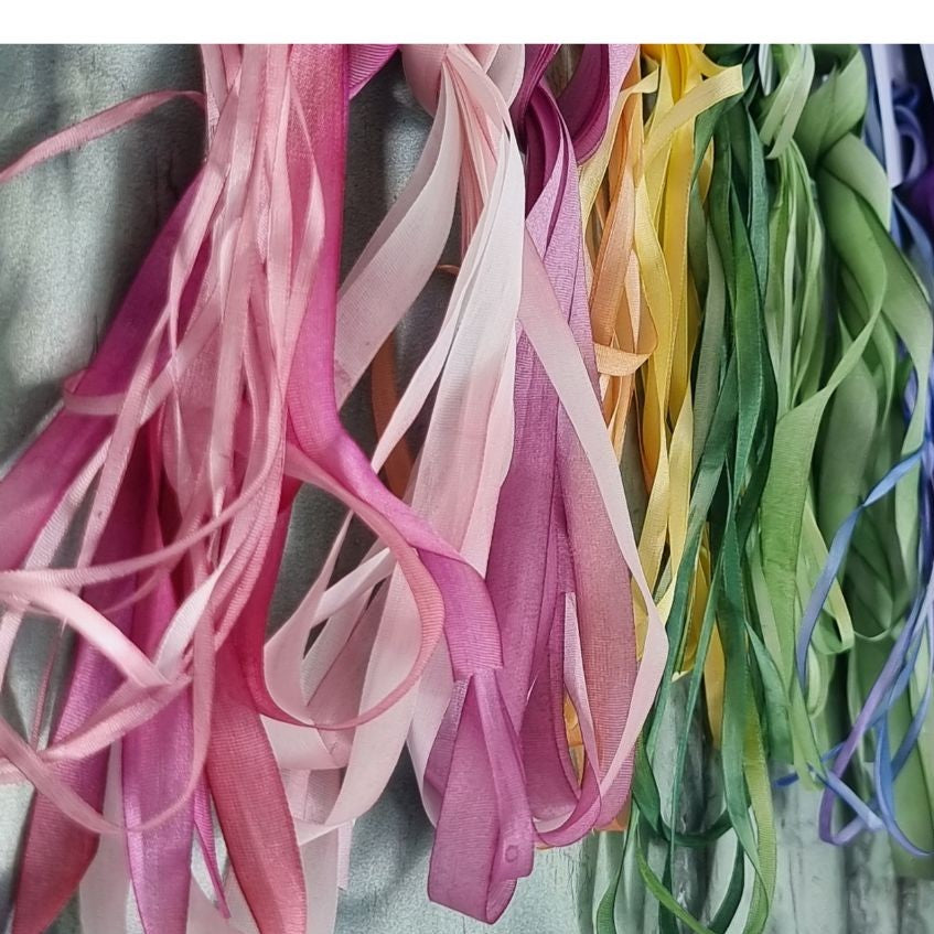 set of hand dyed silk ribbons in a range of colurs