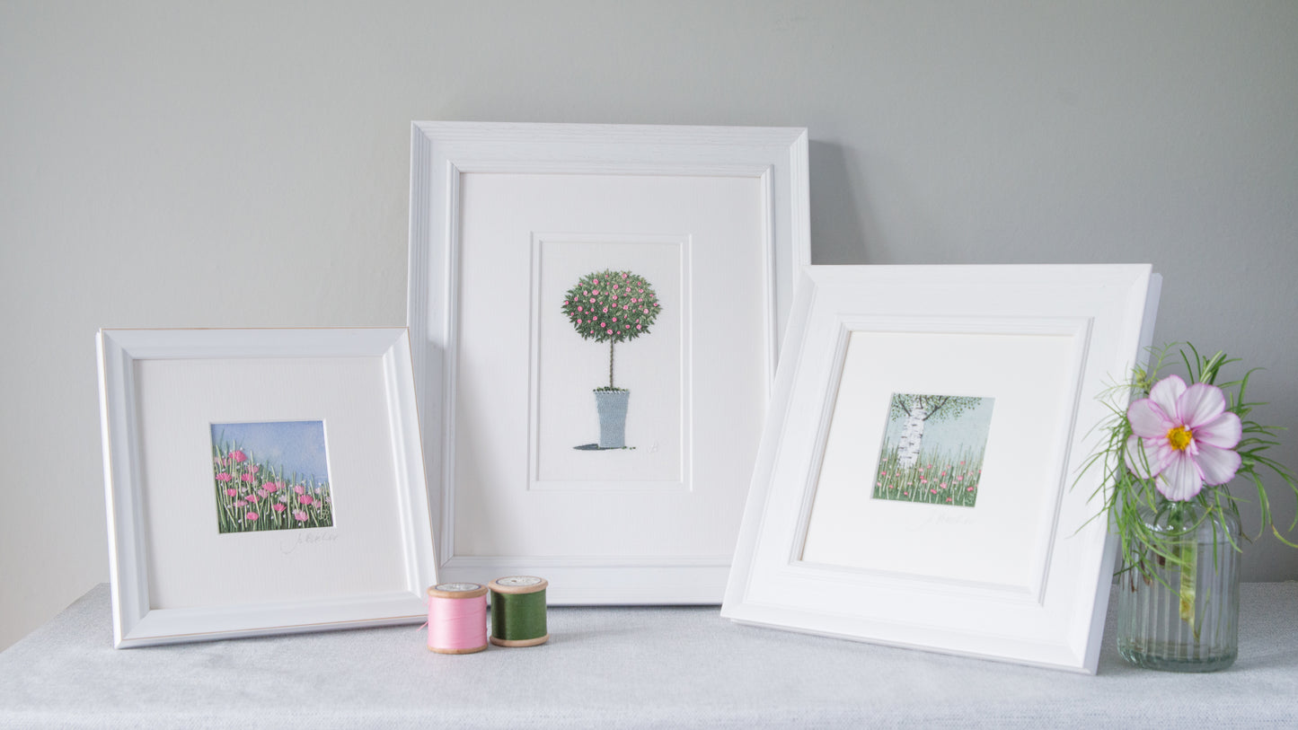 Three framed pictures of jo butcher hand embroidery