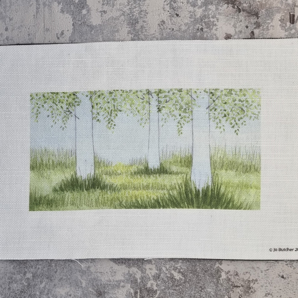 printed background for the bluebells under the birches project in Jo's book Where Meadows and Gardens Grow