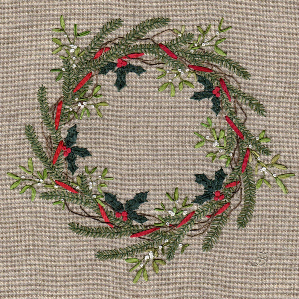 A embroidery of a Christmas wreath made form holly, mistletoe with white berries, and sprigs of fit tree and other foliage