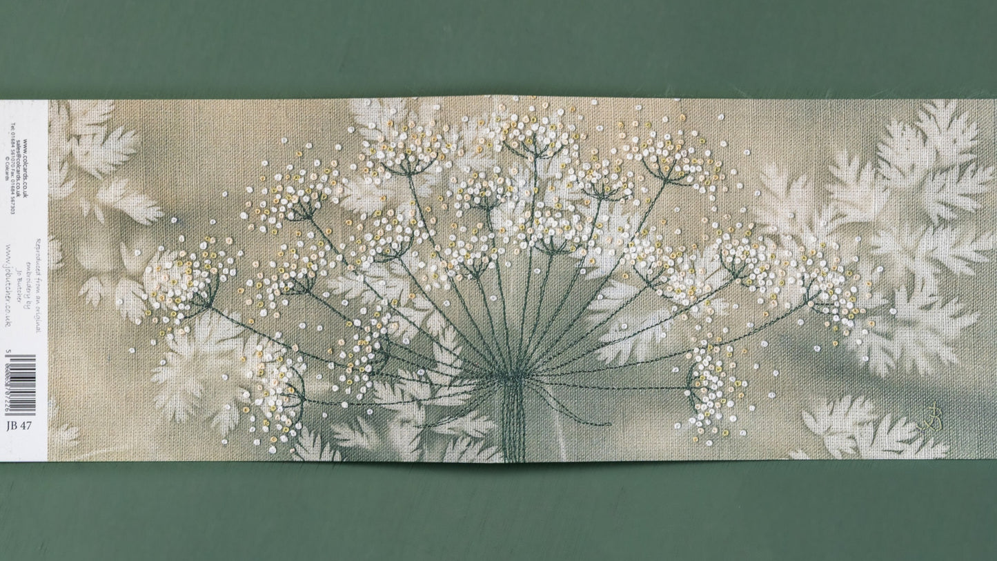 open this card to see the full cow parsley seed head on a painted background.
