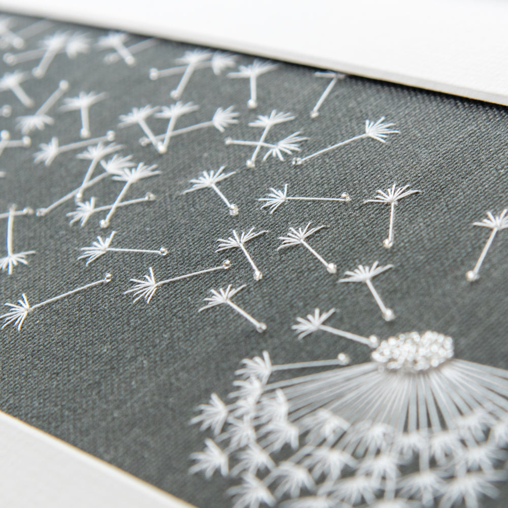 Close up of the caught in the wind kit showing the stitches and glass beads.