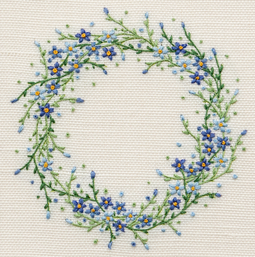 the completed kit showing the complete circle of flowers and foliage.