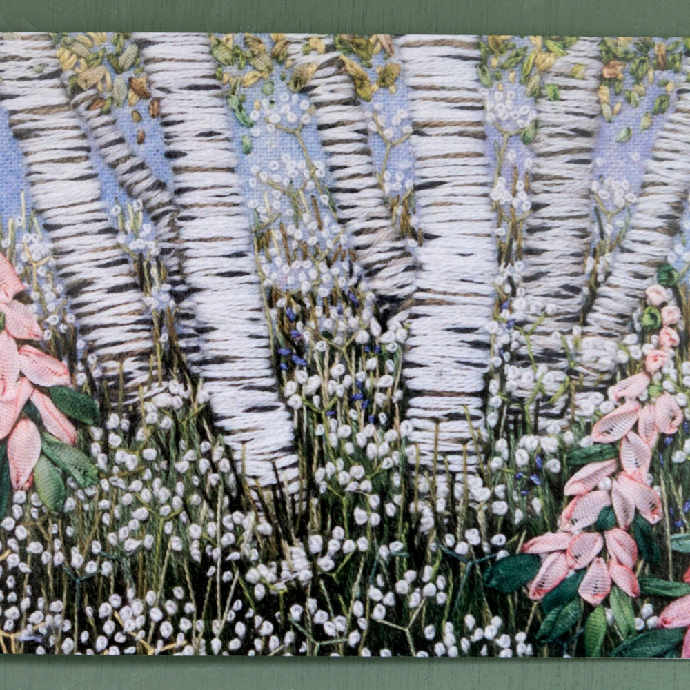 Card printed from a Jo Butcher hand embroidered original depiction of a clump of silver birch trees rising above a meadow of foxgloves and cow parsley