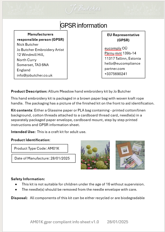 GPSR information sheet