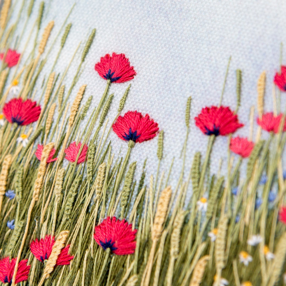 close up of the red poppies and grass seeds.
