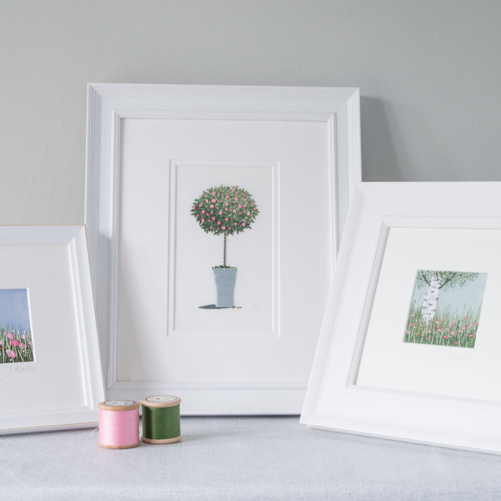Three framed pictures of jo butcher hand embroidery