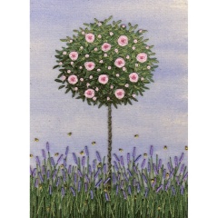 Rose Bush in Lavender Border. Hand Embroidery 