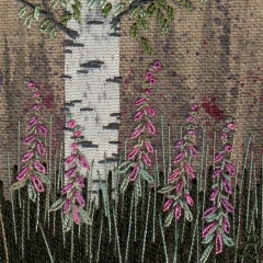 Silver Birch Tree with Foxgloves. Hand Embroidery 