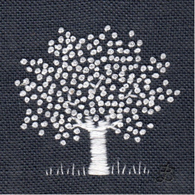 White Tree on Charcoal. Hand Embroidery 